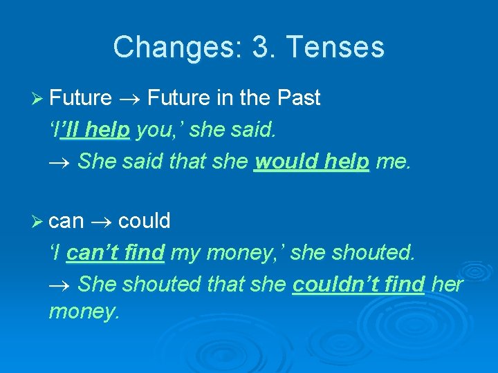 Changes: 3. Tenses Ø Future in the Past ‘I’ll help you, ’ she said.