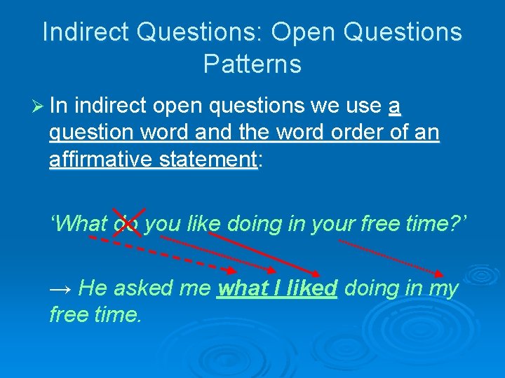 Indirect Questions: Open Questions Patterns Ø In indirect open questions we use a question