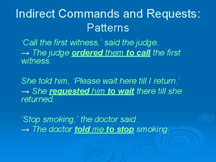 Indirect Commands and Requests: Patterns ‘Call the first witness, ’ said the judge. →