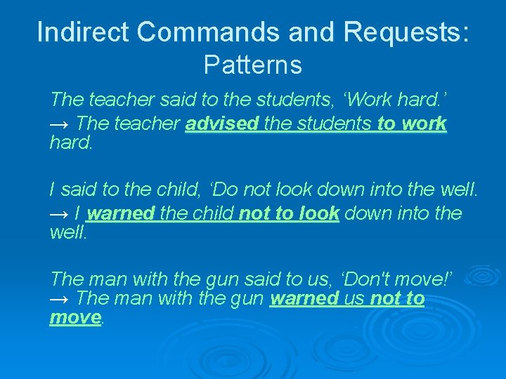 Indirect Commands and Requests: Patterns The teacher said to the students, ‘Work hard. ’