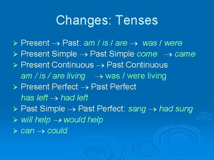 Changes: Tenses Present Past: am / is / are was / were Ø Present