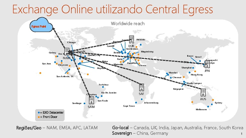 Exchange Online utilizando Central Egress Worldwide reach Egress Point Durham Chicago London EUR Cardiff