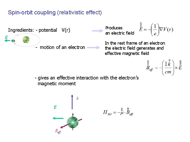 Spin-orbit coupling (relativistic effect) Spin-orbit coupling Produces an electric field Ingredients: - potential V(r) Spin-orbit coupling (relativistic effect) Spin-orbit coupling Produces an electric field Ingredients: - potential V(r)