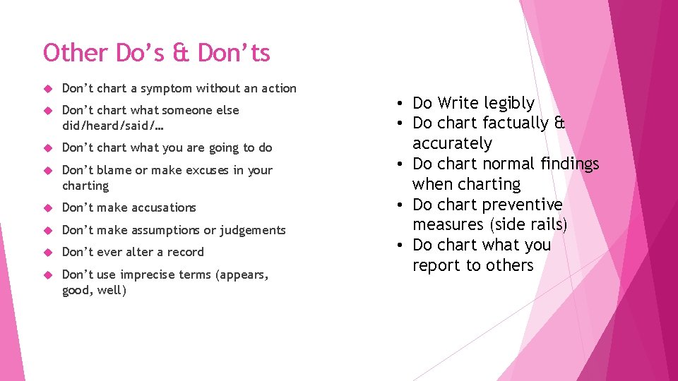 Other Do’s & Don’ts Don’t chart a symptom without an action Don’t chart what