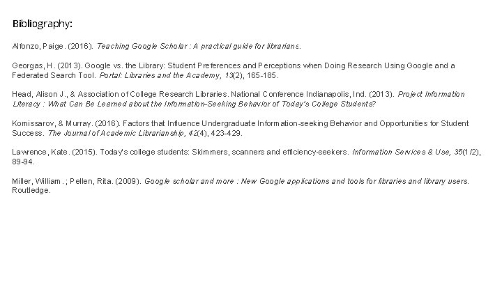 Bibliography: Alfonzo, Paige. (2016). Teaching Google Scholar : A practical guide for librarians. Georgas,