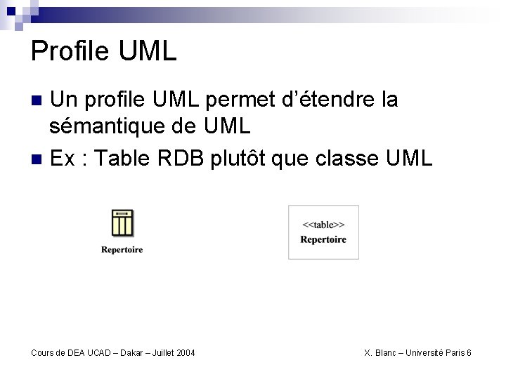 Profile UML Un profile UML permet d’étendre la sémantique de UML n Ex :