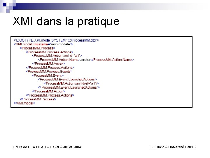XMI dans la pratique Cours de DEA UCAD – Dakar – Juillet 2004 X.