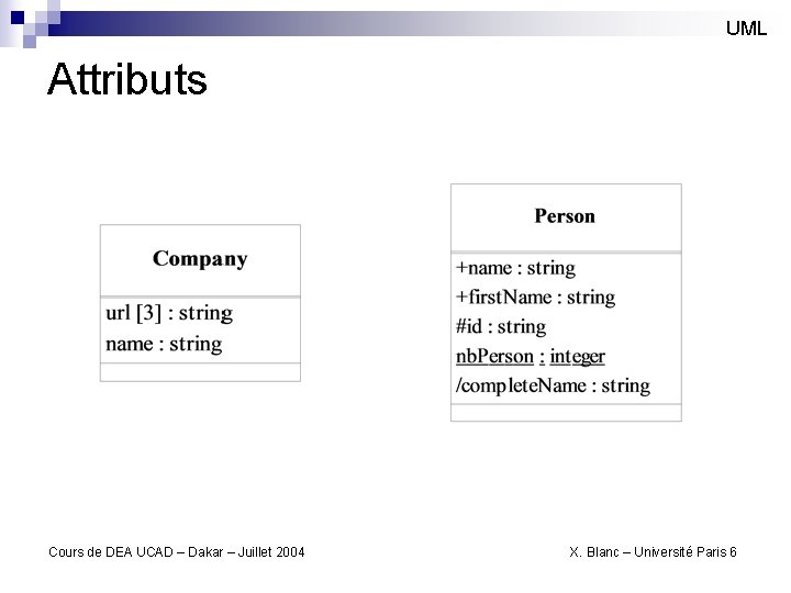 UML Attributs Cours de DEA UCAD – Dakar – Juillet 2004 X. Blanc –