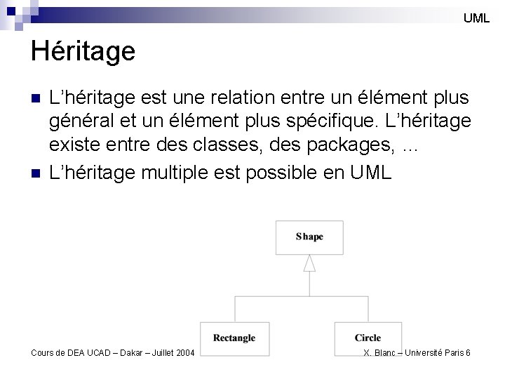 UML Héritage n n L’héritage est une relation entre un élément plus général et