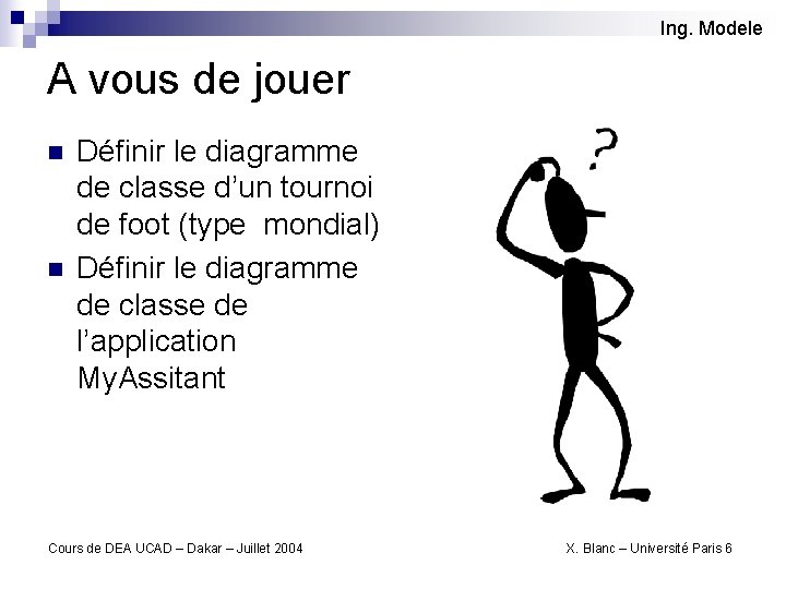 Ing. Modele A vous de jouer n n Définir le diagramme de classe d’un