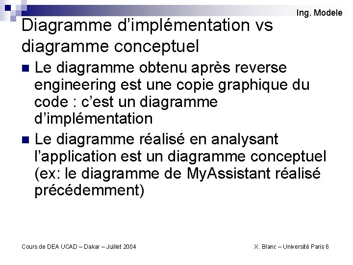 Diagramme d’implémentation vs diagramme conceptuel Ing. Modele Le diagramme obtenu après reverse engineering est