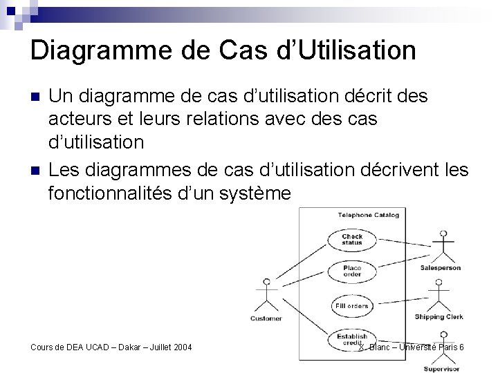 Diagramme de Cas d’Utilisation n n Un diagramme de cas d’utilisation décrit des acteurs