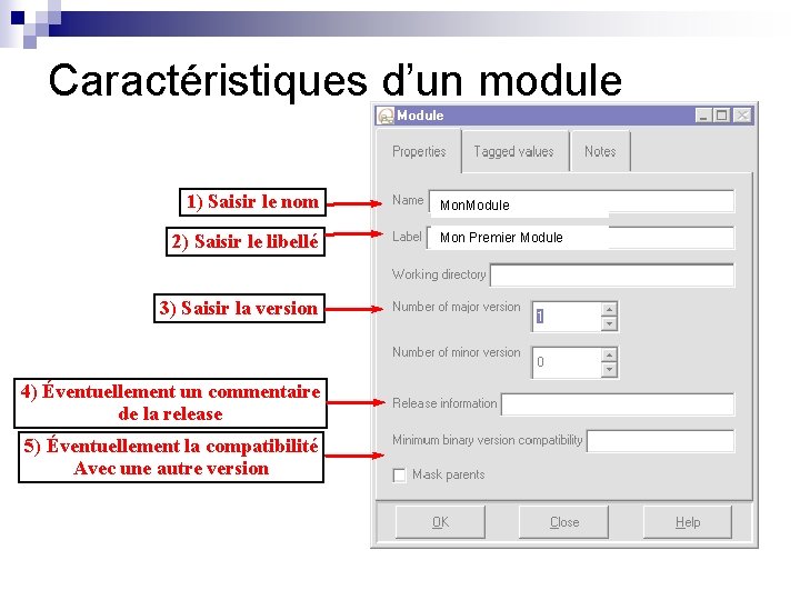 Caractéristiques d’un module 1) Saisir le nom 2) Saisir le libellé 3) Saisir la