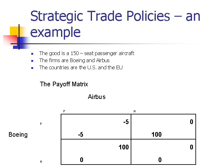 Strategic Trade Policies – an example n n n The good is a 150