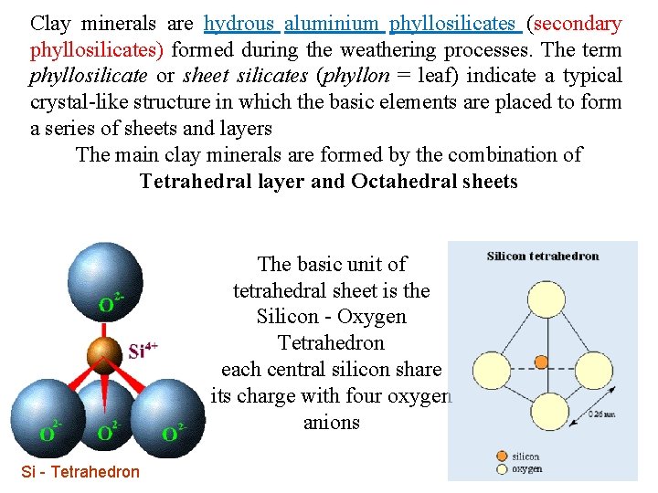 Clay minerals are hydrous aluminium phyllosilicates (secondary phyllosilicates) formed during the weathering processes. The