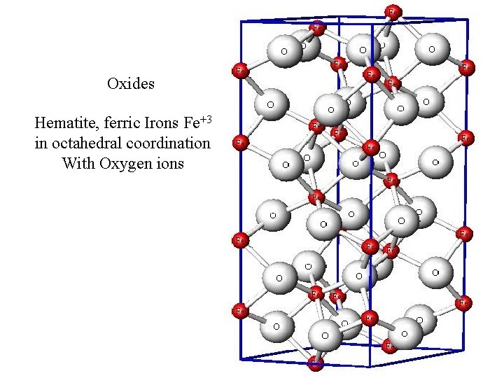 Oxides Hematite, ferric Irons Fe+3 in octahedral coordination With Oxygen ions 