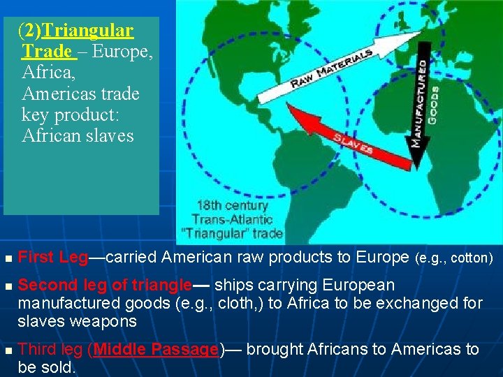 (2)Triangular Trade – Europe, Africa, Americas trade key product: African slaves n n n