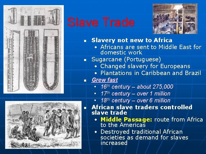 Slave Trade n n Slavery not new to Africa • Africans are sent to