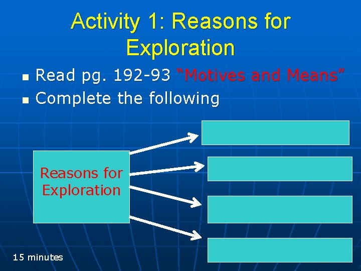 Activity 1: Reasons for Exploration n n Read pg. 192 -93 “Motives and Means”