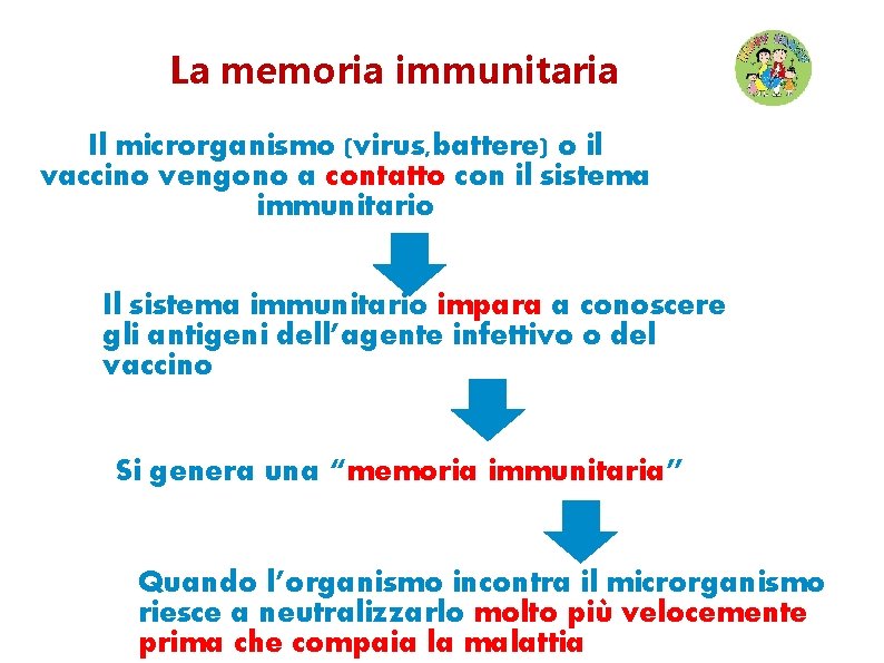 La memoria immunitaria Accompagnamento alla crescita Il microrganismo (virus, battere) o il vaccino vengono