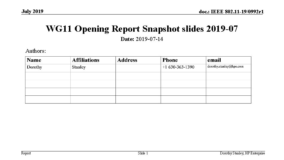 July 2019 doc. : IEEE 802. 11 -19/0992 r 1 WG 11 Opening Report