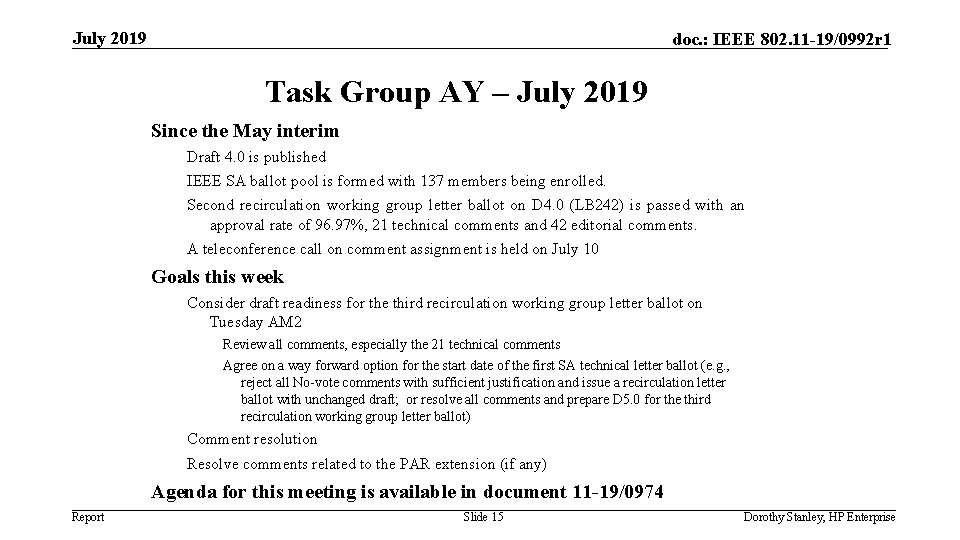 July 2019 doc. : IEEE 802. 11 -19/0992 r 1 Task Group AY –