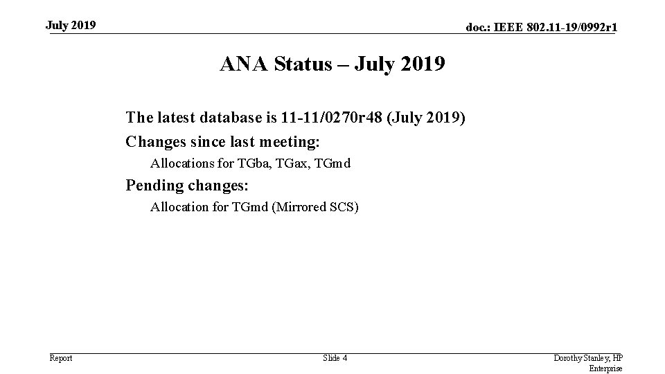 July 2019 doc. : IEEE 802. 11 -19/0992 r 1 ANA Status – July