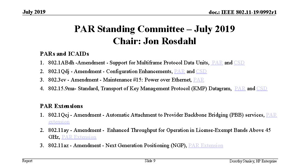 July 2019 doc. : IEEE 802. 11 -19/0992 r 1 PAR Standing Committee –