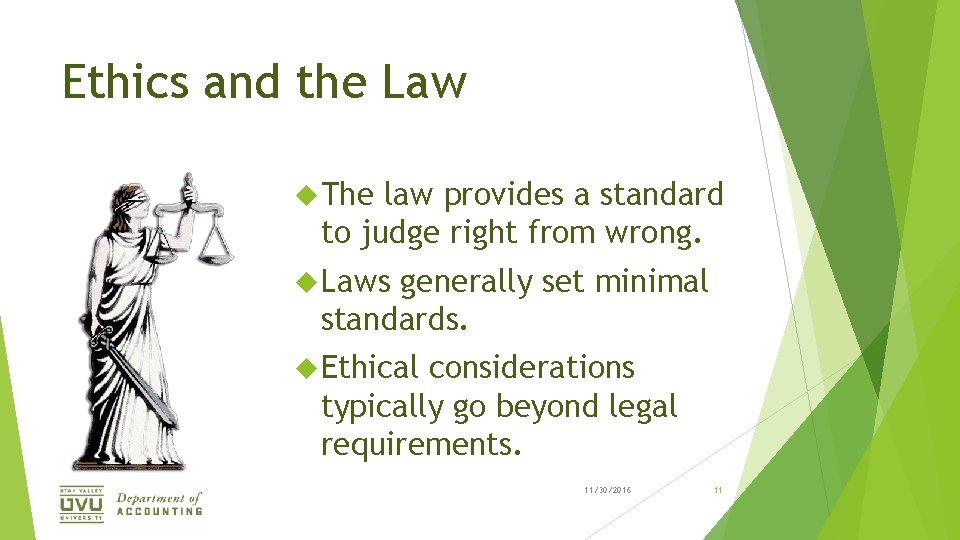 Ethics and the Law The law provides a standard to judge right from wrong.