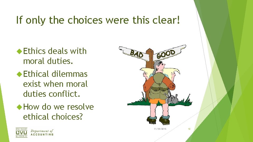 If only the choices were this clear! Ethics deals with moral duties. Ethical dilemmas