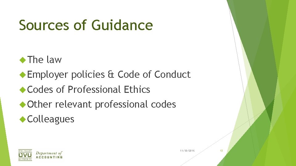 Sources of Guidance The law Employer policies & Code of Conduct Codes of Professional