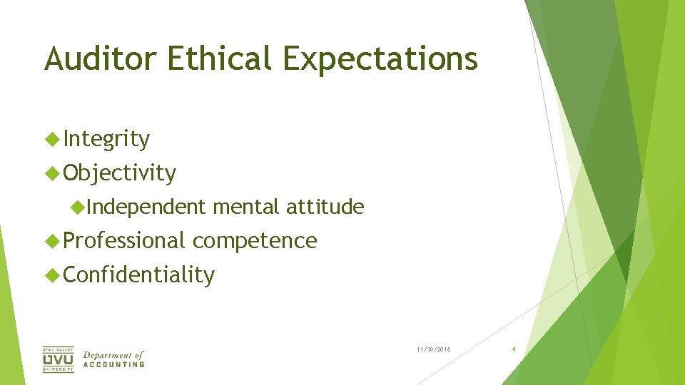 Auditor Ethical Expectations Integrity Objectivity Independent Professional mental attitude competence Confidentiality 11/30/2016 4 