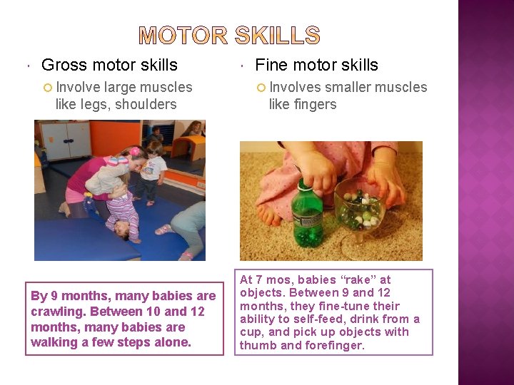  Gross motor skills Involve large muscles like legs, shoulders By 9 months, many