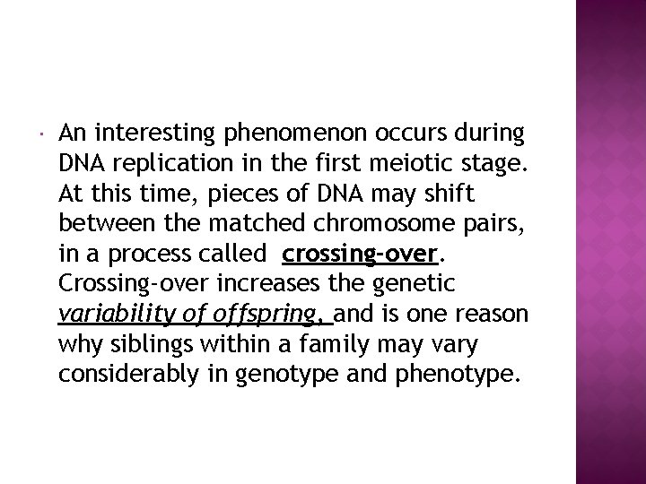  An interesting phenomenon occurs during DNA replication in the first meiotic stage. At