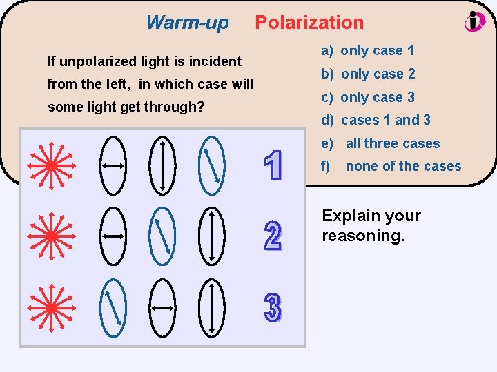 Warm-up If unpolarized light is incident from the left, in which case will some