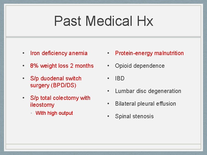 Past Medical Hx • Iron deficiency anemia • Protein-energy malnutrition • 8% weight loss