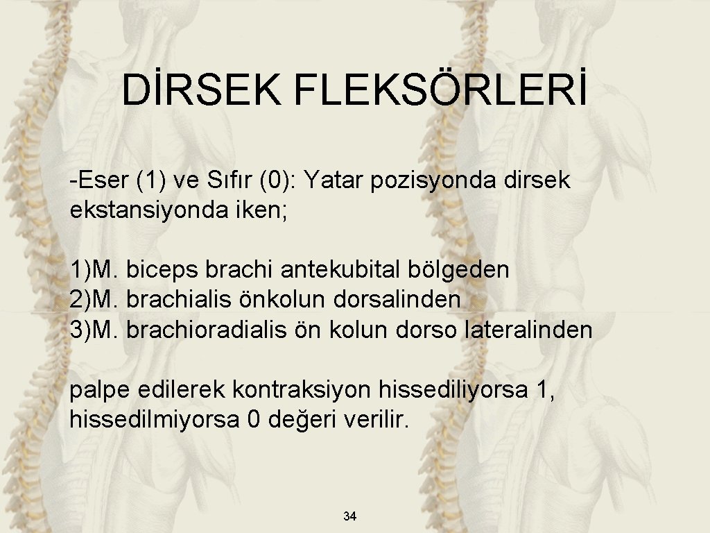 DİRSEK FLEKSÖRLERİ -Eser (1) ve Sıfır (0): Yatar pozisyonda dirsek ekstansiyonda iken; 1)M. biceps