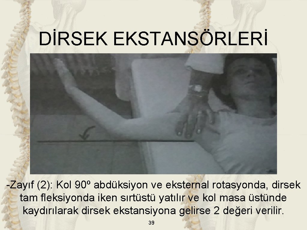 DİRSEK EKSTANSÖRLERİ -Zayıf (2): Kol 90º abdüksiyon ve eksternal rotasyonda, dirsek tam fleksiyonda iken