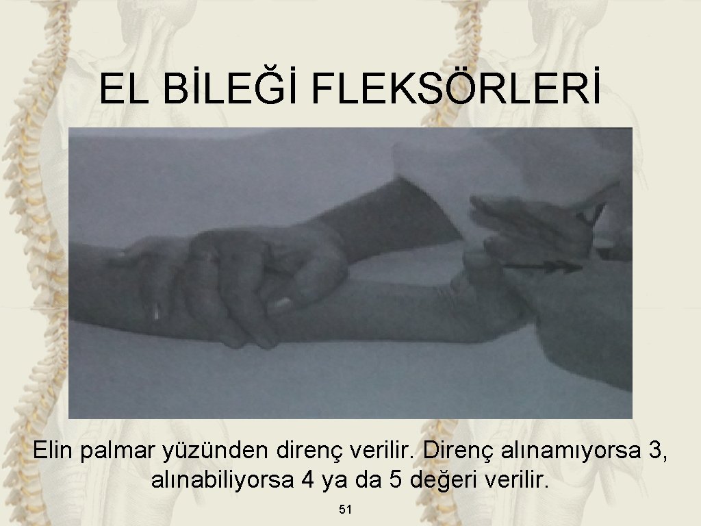 EL BİLEĞİ FLEKSÖRLERİ Elin palmar yüzünden direnç verilir. Direnç alınamıyorsa 3, alınabiliyorsa 4 ya