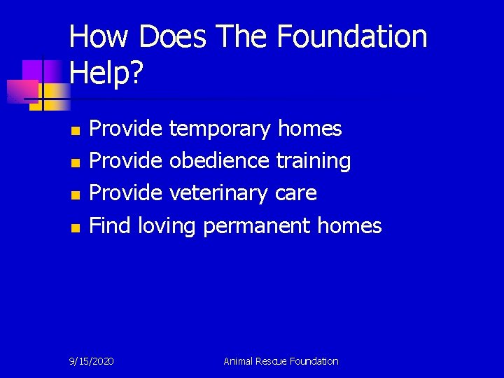 How Does The Foundation Help? n n Provide temporary homes Provide obedience training Provide