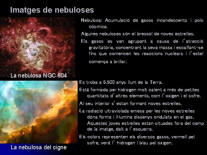 Imatges de nebuloses Nebulosa: Acumulació de gasos incandescents i pols còsmica. Algunes nebuloses són