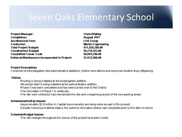 Seven Oaks Elementary School Project Manager: Completion: Architectural Firm: Contractor: Total Project Budget: Construction