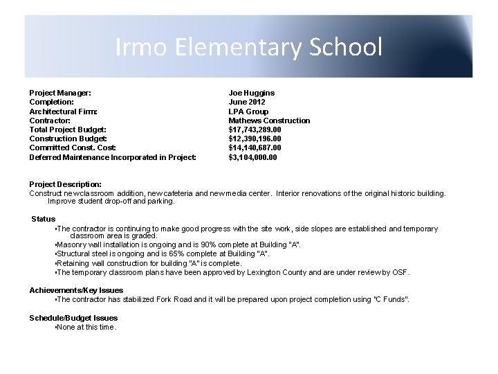 Irmo Elementary School Project Manager: Completion: Architectural Firm: Contractor: Total Project Budget: Construction Budget: