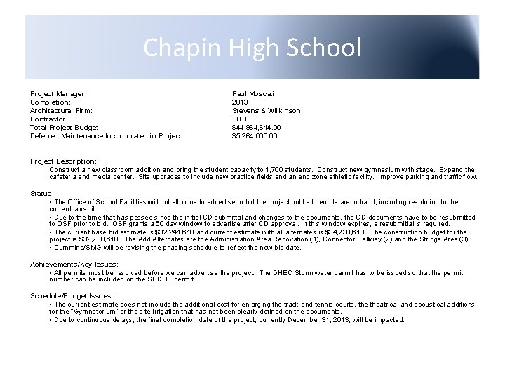 Chapin High School Project Manager: Completion: Architectural Firm: Contractor: Total Project Budget: Deferred Maintenance