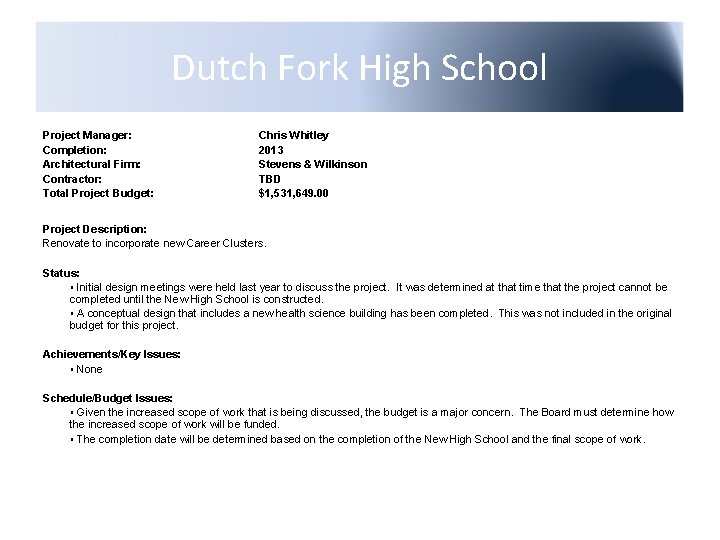 Dutch Fork High School Project Manager: Completion: Architectural Firm: Contractor: Total Project Budget: Chris