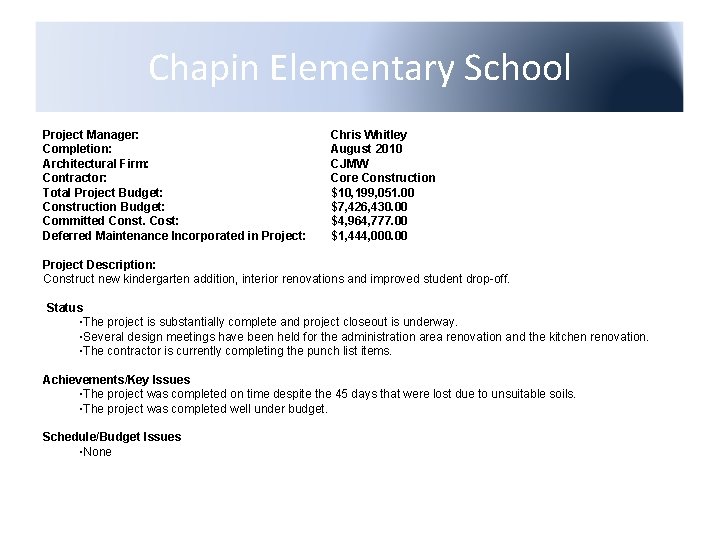 Chapin Elementary School Project Manager: Completion: Architectural Firm: Contractor: Total Project Budget: Construction Budget: