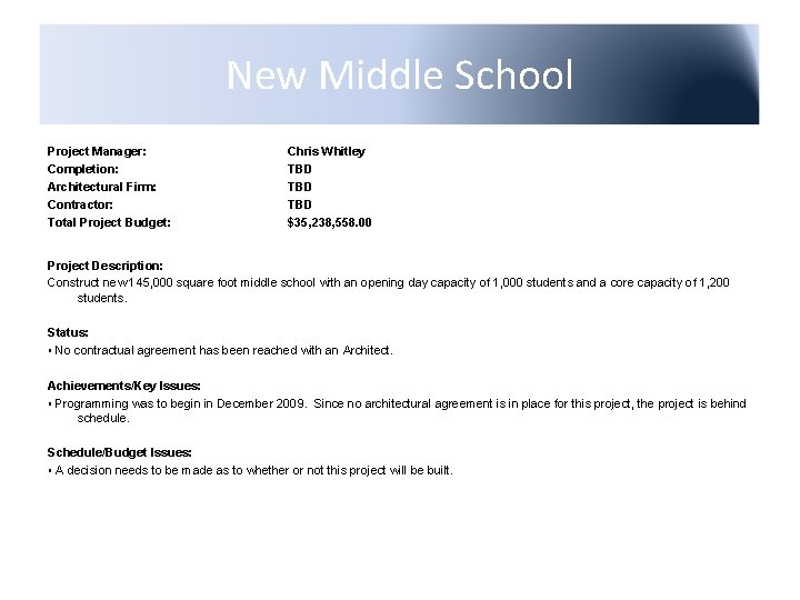 New Middle School Project Manager: Completion: Architectural Firm: Contractor: Total Project Budget: Chris Whitley