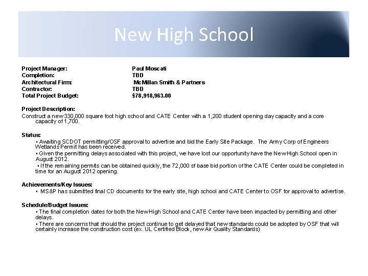 New High School Project Manager: Completion: Architectural Firm: Contractor: Total Project Budget: Paul Moscati