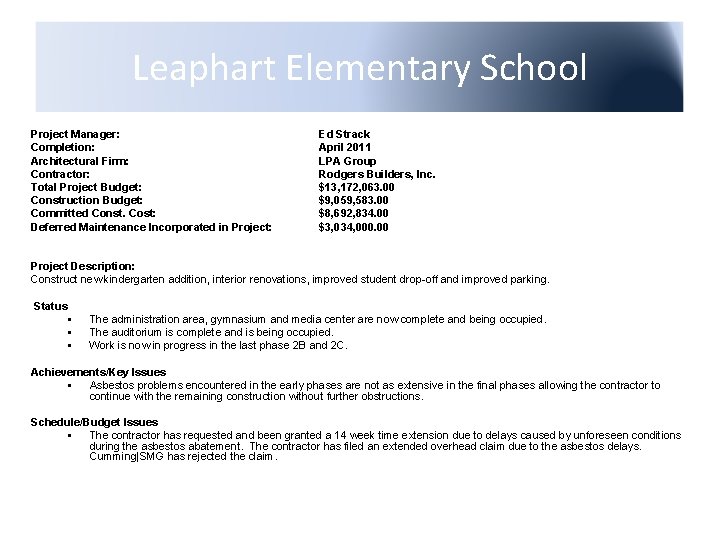 Leaphart Elementary School Project Manager: Completion: Architectural Firm: Contractor: Total Project Budget: Construction Budget:
