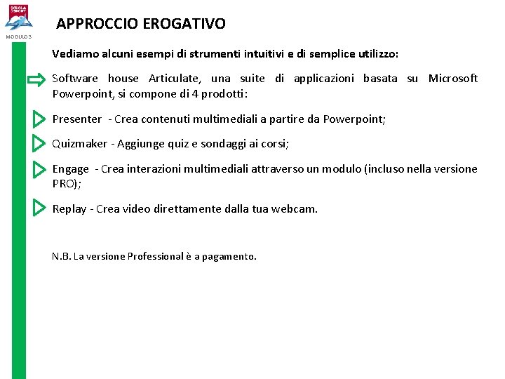 MODULO 3 APPROCCIO EROGATIVO Vediamo alcuni esempi di strumenti intuitivi e di semplice utilizzo: